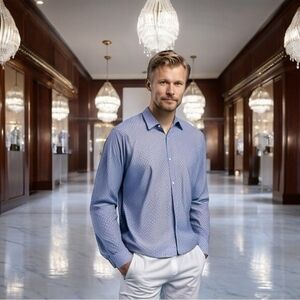 Perry Ellis Men's Blue Geo Print Button Front Shirt XXL Cotton Long Sleeve VG